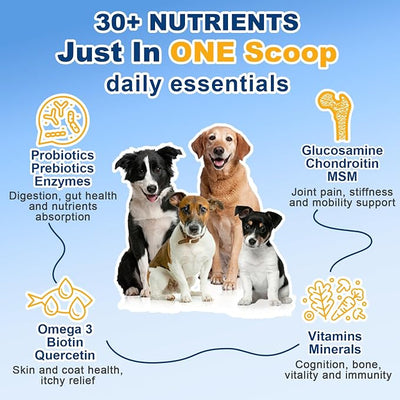 Dog Vitamins, Dog Multivitamin Powder, with Probiotics, Glucosamine, Omega 3, Support Gut, Joint & Mobility, Itch Skin & Coat, Minerals & Antioxidant for Immune Health, Daily Essential Dog Supplements