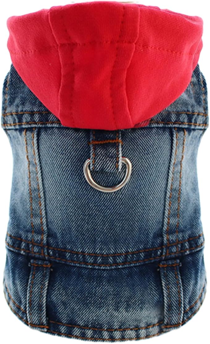 Cool Dog Jean Jacket Vest with D-Ring Blue Denim Dogs Hoodies Outfits for Small Medium Dogs Cats Boy Male Dog Clothes Costume Dogggie Puppy Harness Coat for Frenchie Walking(Red Hat,XS)