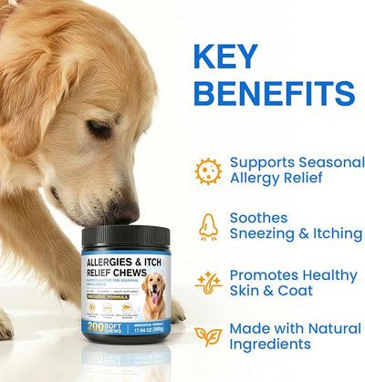 Allergy Relief Chews for Dogs Plasma-Powered Soft Chews for Dogs Natural Blood Protein Support Anti-Itch Paw Licking & Hot Spots Skin and Coat Allergies Seasonal Allergies Grain-Free 200 Chews