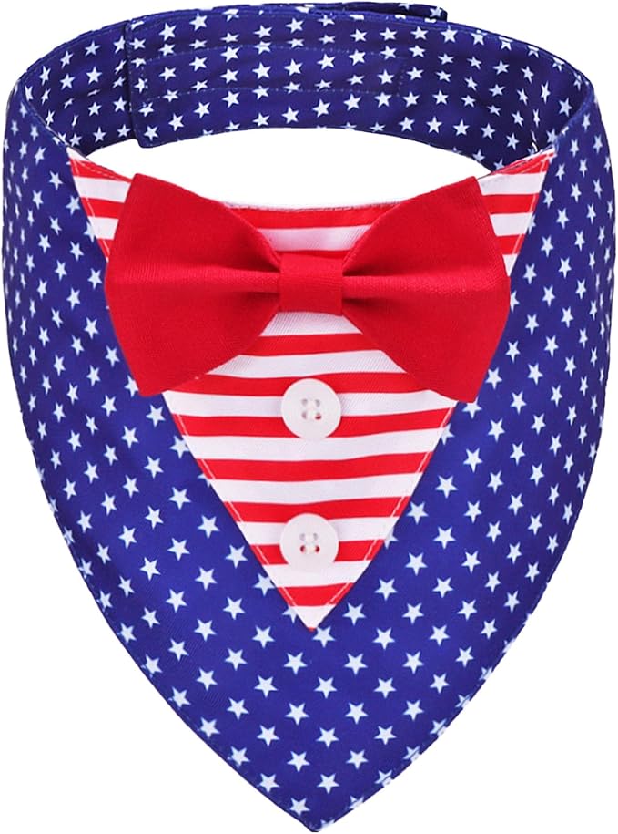 American Flag Dog Tuxedo Bandana, Red Blue Pet Tux with Bowtie Adjustable 4th of Julty Bandana Costume for Extra Small Dogs Pets (XS)