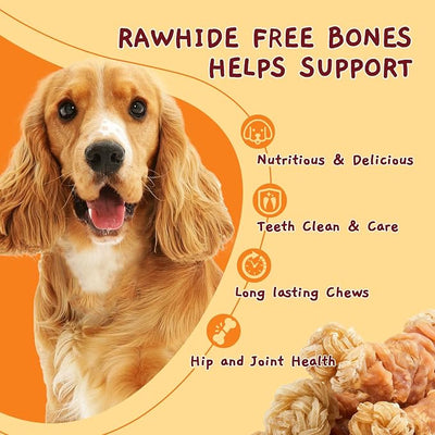 Jungle Calling Long Lasting Dog Chews for Medium Large Dogs, Chicken Wrapped Beef Tendon Braid Bones - Rawhide-Free Hip and Joint Support Treats with Glucosamine