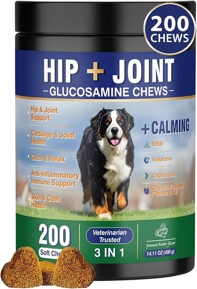 Hip and Joint Supplement for Dogs 200 Dog Calming Chews with Glucosamine, Chondroitin, Msm, Omega3, Melatonin for Senior Dogs Anxiety Pain Relief Anti Inflammatory Small/Medium/Large Dog-Peanut Butter
