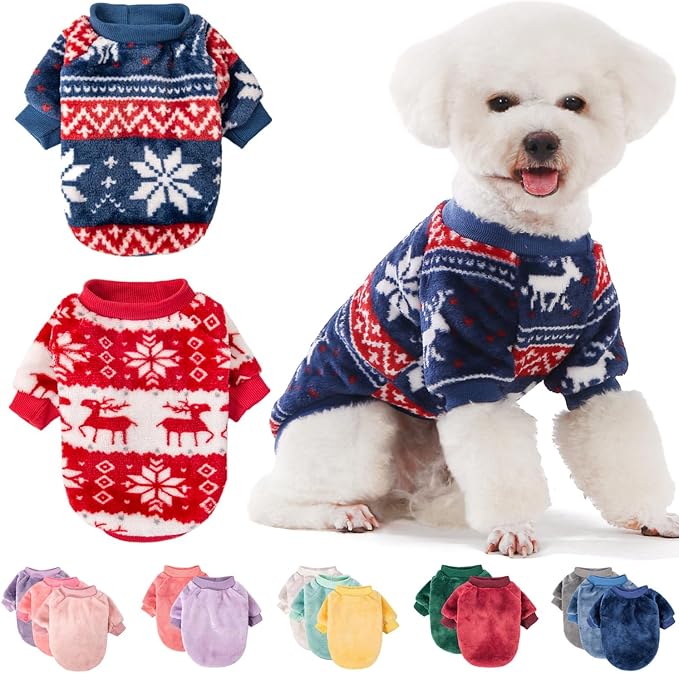 Christmas Dog Sweater, 2-Pack Dog Clothes, Ultra Soft and Warm Pet Jackets for Small Dogs & Cats, Winter Pet Apparel Costumes, Puppy Outfits (Red,Blue, X-Large)