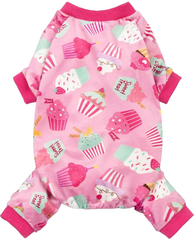 Cupcake Dog Pajamas, Birthday Outfit for Small Dogs Girl, Cozy Pet Onesie with Feet, Pink, Large