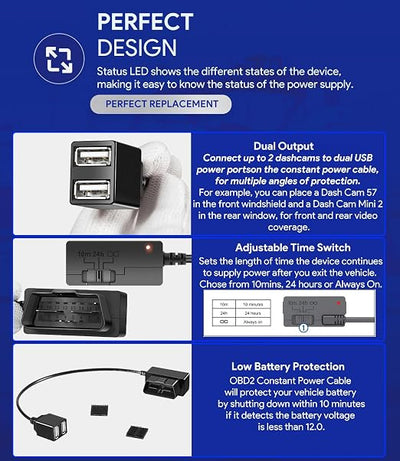010-12530-23 Constant Power Cable for Garmin Dash Cam 46 47 56 57 66W 67W, Live, Mini, Mini 2 3, Tandem, X110, X210, X310, DashCam, Fits Vehicle's OBD-II Port for Power Even When Parked and Turned Off