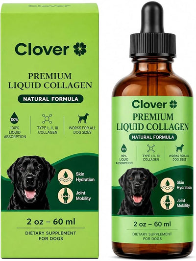 Clover Collagen for Dogs, Triple Hydrolyzed Liquid Collagen Peptides with Glucosamine and Hyaluronic Acid, Joint Mobility Support, Skin and Coat Supplement Drops (1PC)