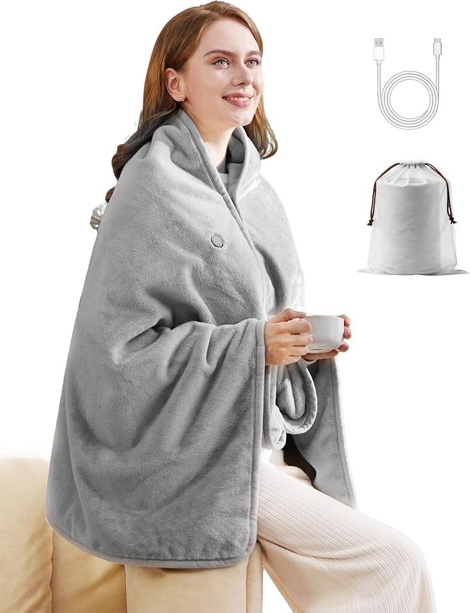 Zireot Cordless Heated Blanket,Heated Throw Battery Operated,USB Powered Wareable Blanket.Metel Grey