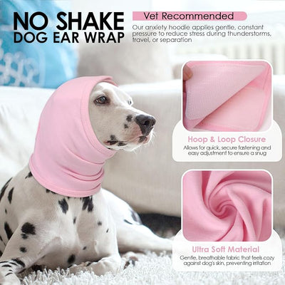 AOFITEE Dog Calming Hoodie, Anti-Slip Headband for Dog Hematoma, Adjustable Dog Ear Muffs Cover for Noise Anxiety, Dog No Shake Ear Wrap for Grooming, Fireworks, Thunderstorms, Drying, Pink L