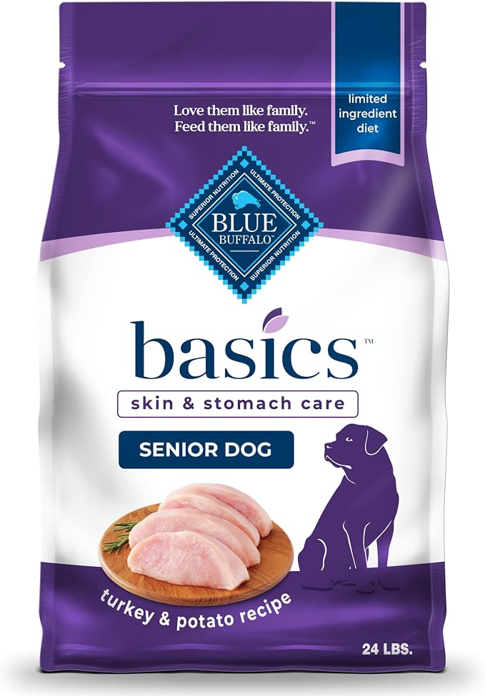 Blue Buffalo Basics Senior Dry Dog Food, Skin & Stomach Care, Limited Ingredient Diet, Turkey Recipe, 24-lb Bag