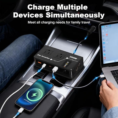 200W Car Power Inverter, Amcelooy Dual DC 12V to 110V AC Car Outlet Adapter to Wall Plug, Fast Charging 24W USB-C & USB Ports,Car Charger Cigarette Lighter Adapter for Phone,Laptop on Road Trip(Black)