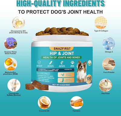 Hip and Joint Supplement for Dogs, glucosamine for Dogs Hip and Joint Supplement with Chondroitin, MSM, Omega 3 Chondroitin and Green Lipped Mussel, 150 Chews for All Senior Large Small Medium Breed