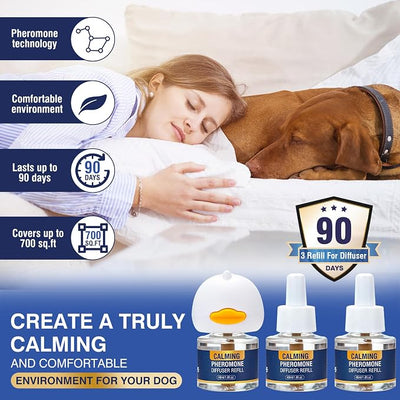 4 in 1 Pet Pheromones Diffuser Dog Pheromone Calming Diffuser Appeasing to Calm Kit (Plug in+ 3 Pack 48ml Refill) for Anxiety Relief Reduce Fighting Stress Barking Aggression 90 Day Supply