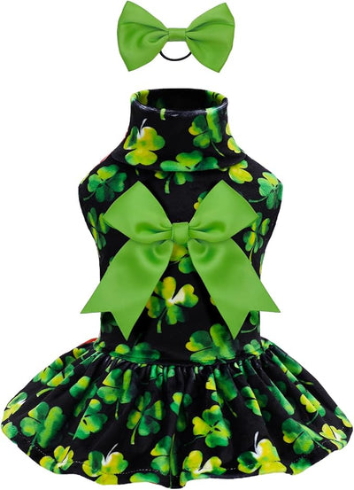 CuteBone Turtleneck Dog Velvet Dress St. Patrick's Day Four Leaf Clover Puppy Skirt Costume Pet Clothes Cat Apparel with Bow Hair Rope for Small Dogs CVD20M
