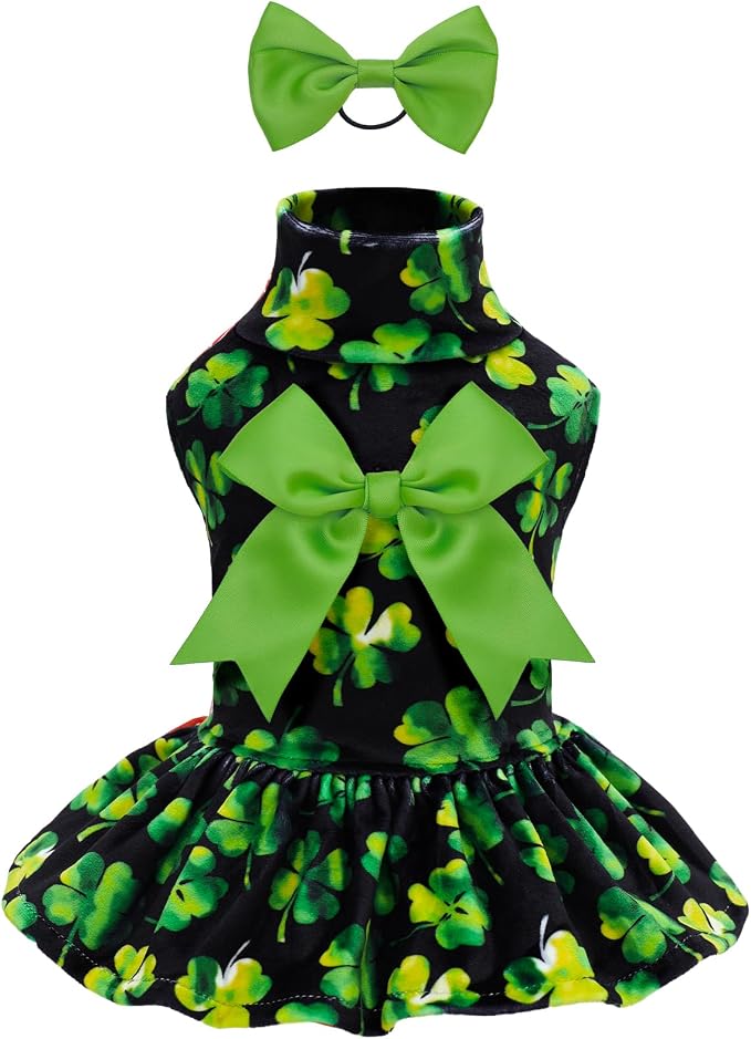 CuteBone Turtleneck Dog Velvet Dress St. Patrick's Day Four Leaf Clover Puppy Skirt Costume Pet Clothes Cat Apparel with Bow Hair Rope for Small Dogs CVD20S
