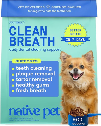 Native Pet Clean Breath Dog Dental Care - Teeth Cleaning for Fresh Breath, Clean Teeth & Healthy Gums - Tartar and Plaque Remover - Dog Breath Freshener - 60 Scoops