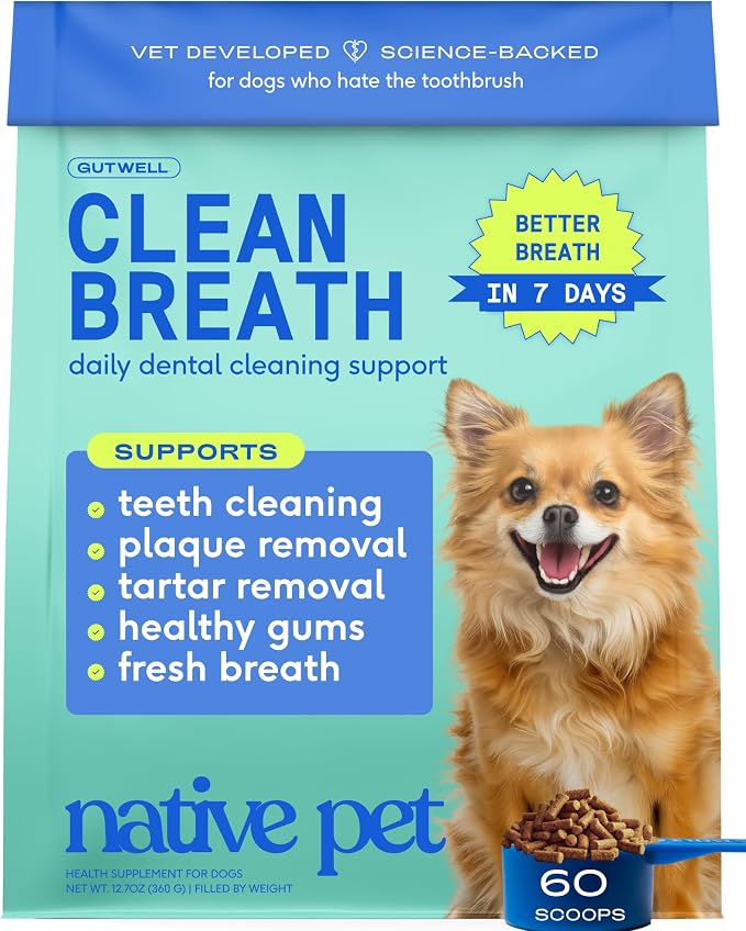 Native Pet Clean Breath Dog Dental Care - Teeth Cleaning for Fresh Breath, Clean Teeth & Healthy Gums - Tartar and Plaque Remover - Dog Breath Freshener - 60 Scoops