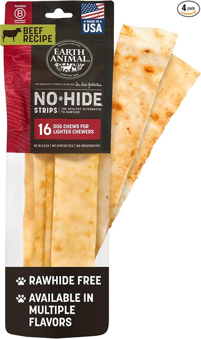 Earth Animal No Hide Strips - Natural Rawhide Free Dog Chew Strips, Beef - 16 Count