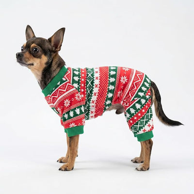 Fitwarm Dog Christmas Outfit, Holiday Pet Clothes for Small Dogs Boy Girl, Festive Pajamas with Feet, Puppy Onesie, Red, Green, XS