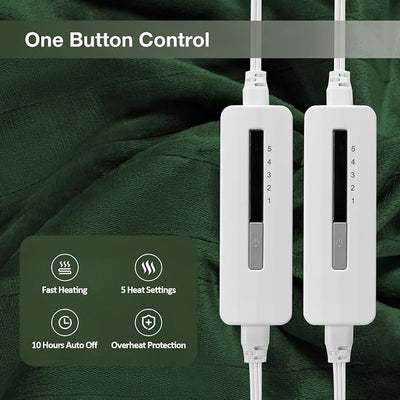 Eydna Electric Heated Blanket Queen Size 84"x90", Soft Plush Microplush for Bed, Dual Controllers & Dual Heating Zones, 10 Hours Auto Off & 5 Heating Levels, Machine Washable, Gifts for Womens-Green