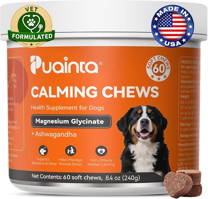 PUAINTA Calming Chews for Dogs, Dog Calming Supplement with Magnesium Glycinate, Melatonin, L-Theanine, L-Tryptophan & Ashwagandha, for Anxiety, Stress, Travel, Separation & Thunderstorms (60 Count)