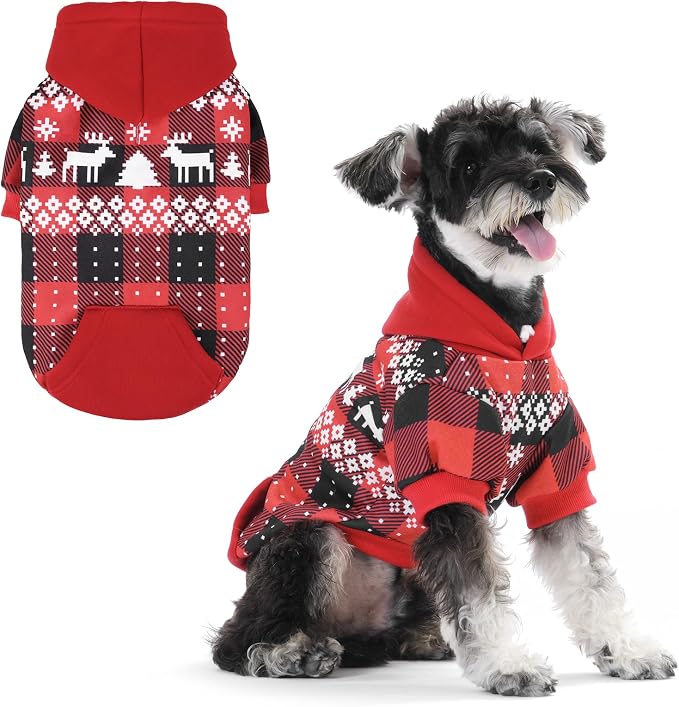 Christmas Dog Hoodie,Red Plaid Pet Clothes Sweater with Leash Hole&Pocket for Small Medium Large Dogs, Soft Winter Warm Dog Cold Weather Coat, Fleece Puppy Hooded Sweatshirt for Boys Girls, S