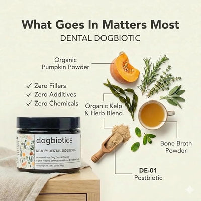 Dogbiotics DE-01 Dog Dental Powder - Clinically Studied Oral Postbiotic for Plaque, Tartar & Gum Support, Targets Bad Breath - Human-Grade Ingredients, Made in USA, No Brushing - 180 Scoops (6oz)