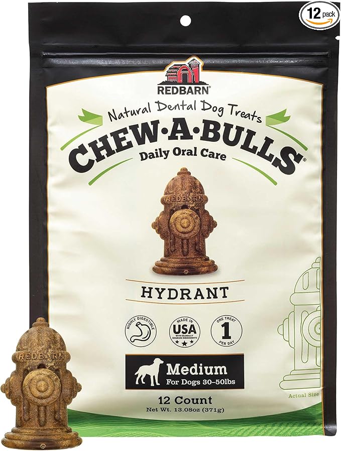 Chew-A-Bulls, 12 Pack – Medium Hydrant Shape Dog Dental Treats – Daily Oral Care with Fun Ridges & Grooves, All Natural Ingredients, Highly Digestible Chews & Low in Fat