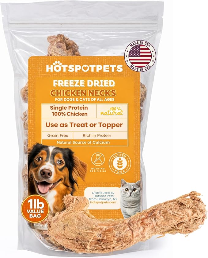 Freeze Dried Chicken Neck Treats for Cats & Dogs - Made in USA, 1lb Big Bag, Single Ingredient All Natural Grain-Free, Crunchy, Perfect for Training, Topper or Snack