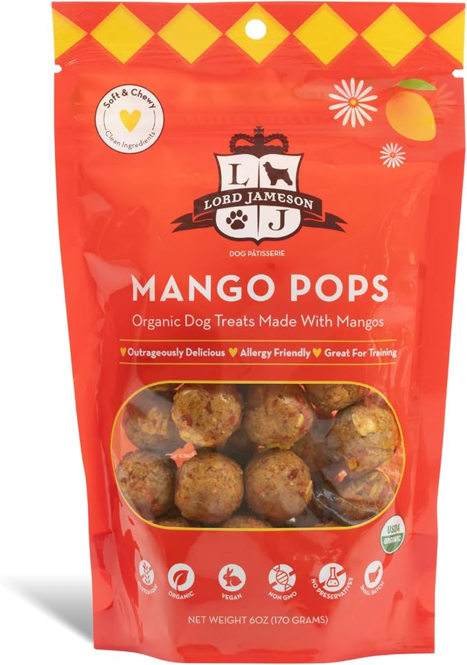 Lord Jameson Mango Pops 6 oz: Organic Soft & Chewy Dog Treats | Natural Puppy & Senior Treats | Easy Chew Hypoallergenic Dog Snacks | Gourmet Healthy Training Treats for Small & Large Dogs