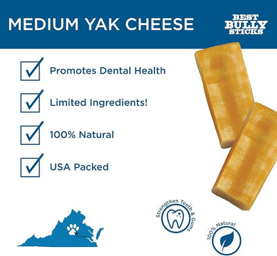 Best Bully Sticks Yak Cheese Himalayan Dog Chews - Medium 4 Count (Pack of 1) - Natural, Lactose Free Cheese, Odor-Free, Long-Lasting Snack