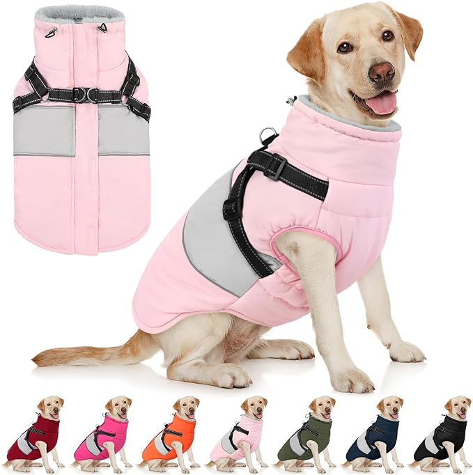 Dog Winter Coat, Dog Coat with Harness Built in, Dogs Jacket for Large Dogs, Reflective Waterproof Pet Puffer Jacket Snowsuit, Warm Fleece Windproof Pet Sweater for Cold Weather, XL
