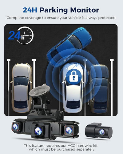 360 View 4 Channel Dash Cam Front and Rear Left Right Inside Camera for Cars, GPS and 5G Band WiFi, Night Vision, 160 Wide Angle, WDR, 24H Parking Mode, Supercapacitor, Included 128GB Card