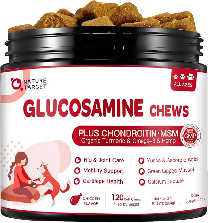 Glucosamine for Dogs, Joint Supplement with Chondroitin, MSM, Omega-3, Hemp for Pain Relief, Hip & Joint Chews for Dogs with Calcium for Bone Health, 120 Soft Chews
