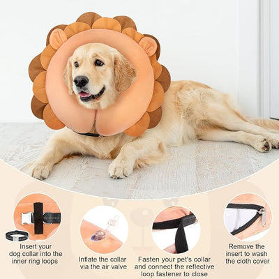 BEAUTYZOO Dog Cone Alternative After Surgery for Large Medium Small Dogs, Soft Inflatable Cone Collar for Dogs Cats, Dog Neck Donut E Collar Dog Recovery Collar to Stop Licking, Lion, M