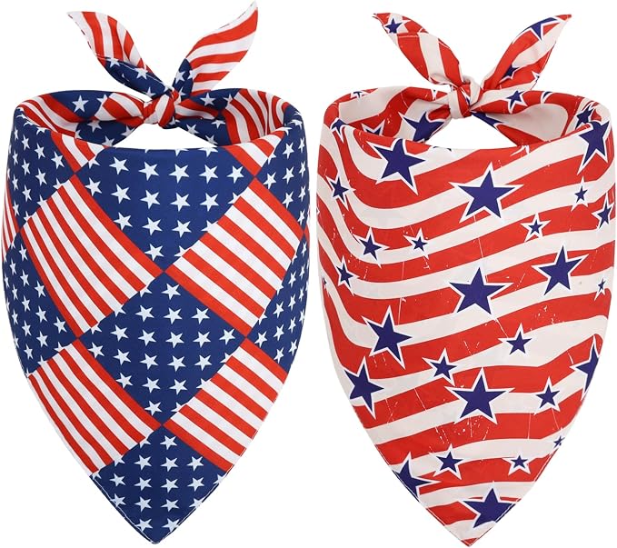 4th of July Dog Bandana, 2 Pack Triangle Pet Scarves with Double-Sided Independence Day Designs, Polyester Memorial Day Pet Bibs for Small, Medium & Large Dog (X-Large, American Flag & Star)