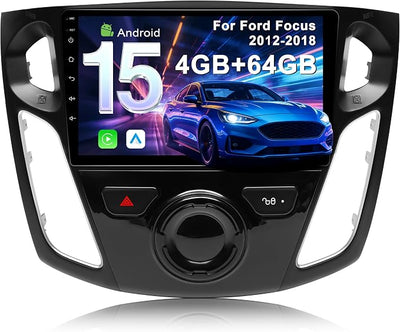 4G+64G Car Radio for Ford Focus 2012-2018: Upgrade Android 15 9" Touch Screen Stereo Head Unit Wireless CarPlay Android Auto, BT 5.4, WiFi 6, GPS, FM, RDS, EQ, SWC, 1080P Backup Camera