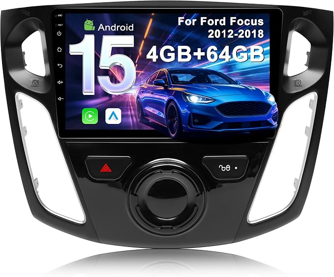 4G+64G Car Radio for Ford Focus 2012-2018: Upgrade Android 15 9" Touch Screen Stereo Head Unit Wireless CarPlay Android Auto, BT 5.4, WiFi 6, GPS, FM, RDS, EQ, SWC, 1080P Backup Camera