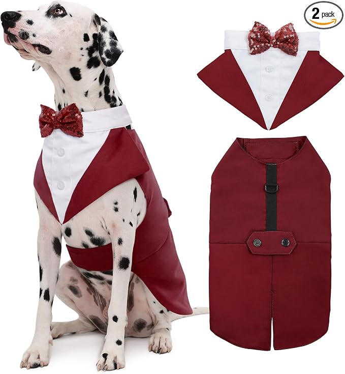 Dog Tuxedo Dog Suit and Bandana Set, Dogs Tuxedo Wedding Party Suit, Doggy Prince Bow Tie Shirt Formal Pet Wedding Attire for Large Medium and Small Dogs Golden Retriever Samo Bulldogs