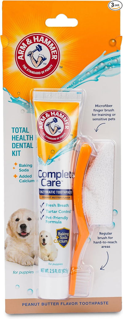 Arm & Hammer Complete Care Puppy Dental Kit, Enzymatic Toothpaste with Baking Soda and Calcium for Dogs, Peanut Butter Flavor, Toothbrush and Microfiber Brush Included, Fluoride-Free, 2.5 Oz