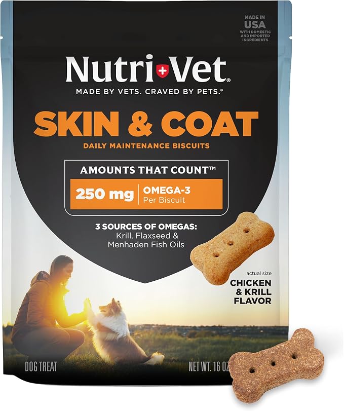 Skin & Coat Biscuits for Dogs, Tasty Dog Treat, Skin and Coat Supplement, Omega 3 Fish Oil, Made with Omega 3 and Biotin, Fish Oil Treat for Pets, Chicken & Krill Flavor, 16 oz