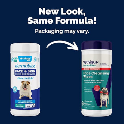 Vetnique Dermabliss Dog Wipes, Fragrance-Free Face Wrinkle & Skin Fold Care | Medicated Chlorhexidine & Ketoconazole Dog Grooming, Face & Paw Wipes for Bulldog Wrinkles & Folds; Gentle Daily, Cat-Safe