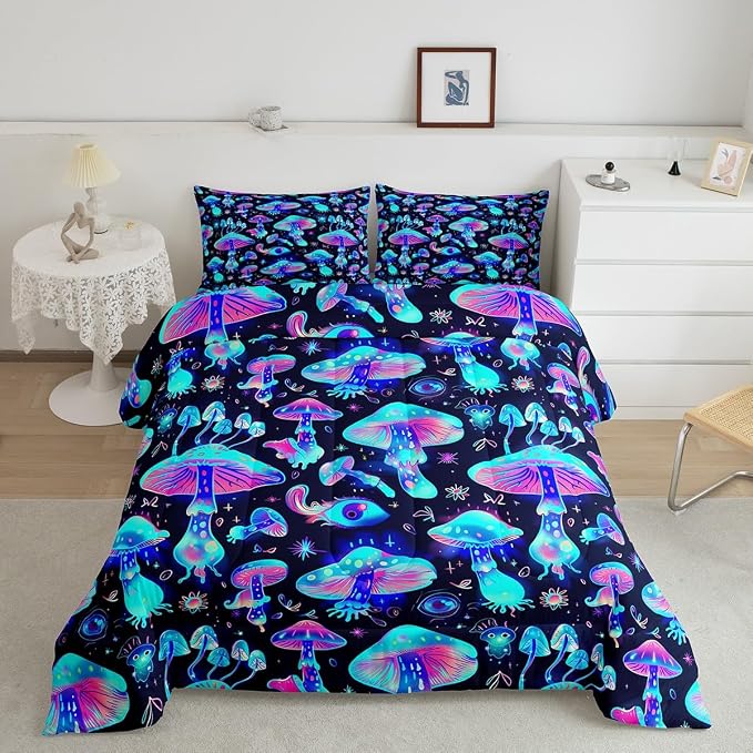 Cute Mushroom Comforter Set For Kids, Cartoon Kawaii Bedding Set Twin Size Galaxy Starry Sky Duvet Sets For Girls Boys Teens,Farmhouse Plant Quilted Duvet 2 Pieces With 1 Pillow Case, Blue Purple