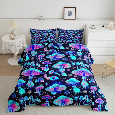 Cute Mushroom Comforter Set For Kids, Cartoon Kawaii Bedding Set Full Size Galaxy Starry Sky Duvet Sets For Girls Boys Teens,Farmhouse Plant Quilted Duvet 3 Pieces With 2 Pillow Cases, Blue Purple
