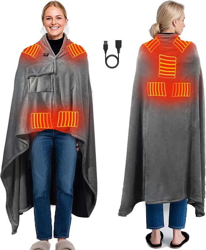 USB Heated Blanket, 67" x 51.2" Portable Battery Powered Cordless Electric Throw, Super Soft Cozy Wearable Heated Large Shawl Wraps for Office, 3 Heating Levels, Machine Washable, Battery Not Included