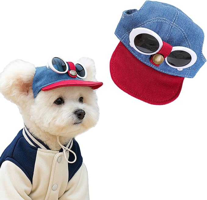 2 Pcs Pet Baseball Cap and Sunglasses, Dog Sun Hat with Ear Holes, Summer Adjustable Buckle Visor Caps for Cats, Small Medium Dogs (Red, Small)