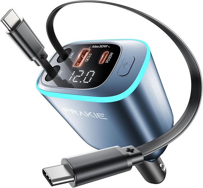 Car Charger, iPhone USB C Cable Retractable Fast USB C Phone Charger, Cigarette Lighter Adapter with 2 USBC Cables 25 Inch and 2 USB Ports, Multi Port Car Charging for iPhone 17/16/15/Pro Max-Blue