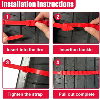 12PCS Car Snow Tire Chains, Reusable Portable Plastic Adjustable Snow Chains, Anti-Skid Zip Ties for Mud Mountain Road, Car Emergency Traction Cables for Safety Winter Driving (Red)