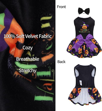 CuteBone Halloween Dog Dresses Velvet Holiday Small Dogs Clothes Onesie Pet Apparel Girl Puppy Skirt with Bow Hair Rope
