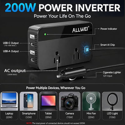 ALLWEI 200W Car Power Inverter, 12V DC to 110V AC Car Inverte with 4 USB Fast Charging Port(2xUSB A, 2xUSB C)- Car Charger Cigarette Lighter Adapter for Phone, Laptop and Small Devices on Road Trip
