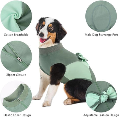 SAWMONG Zipper Recovery Suit for Dogs, Cotton Dog Surgery Suit Female Spay Pet Male Breathable, Neuter Onesie Bodysuit Prevent Licking Wounds, Substitute E-Collar & Cone(Green, 3X-Large)